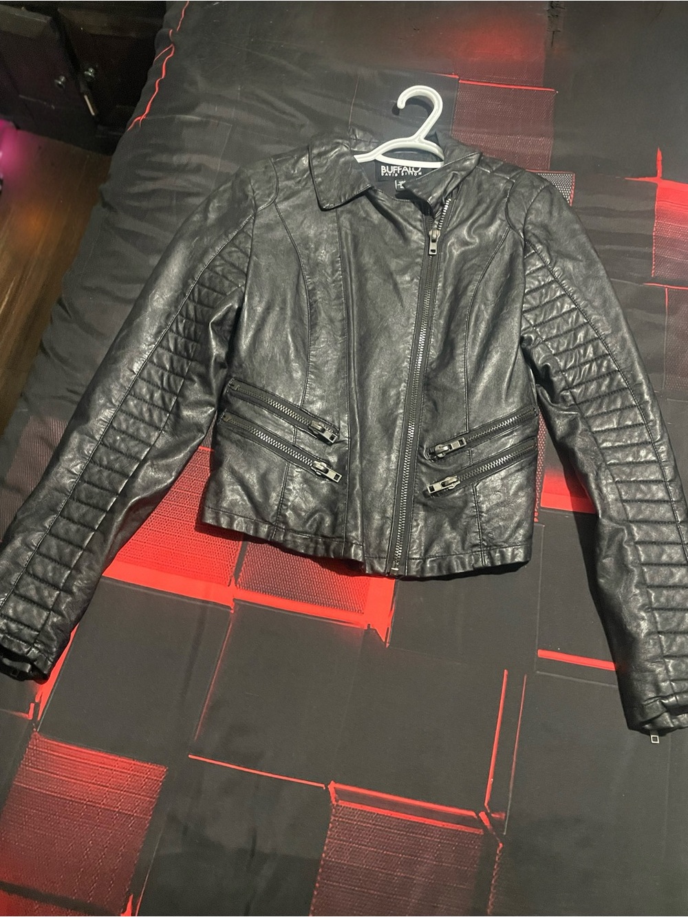 Buffalo David Bitton Black Quilted-Sleeve Faux Leather Moto Jacket